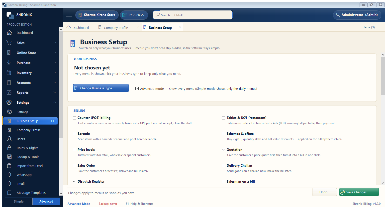 Business setup — switch on what you use