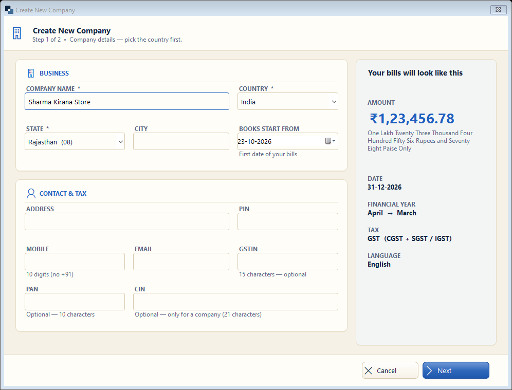New company — step 1: business details