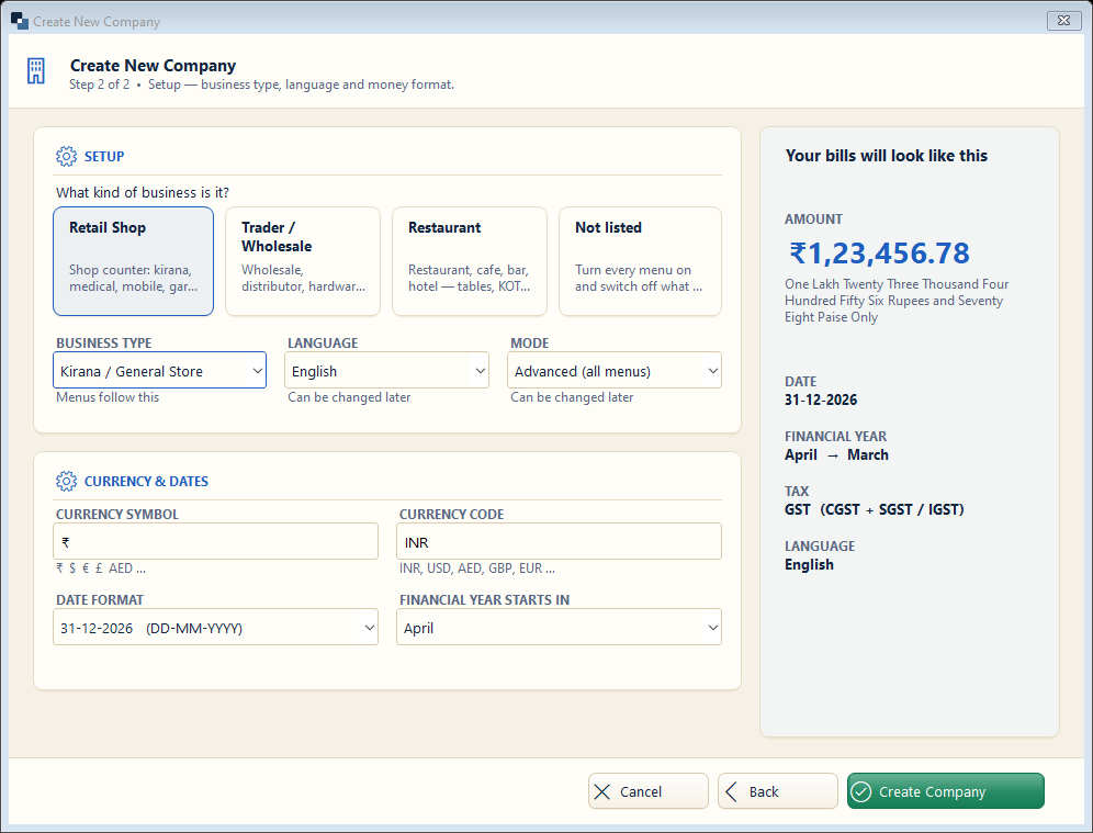 New company — step 2: business type