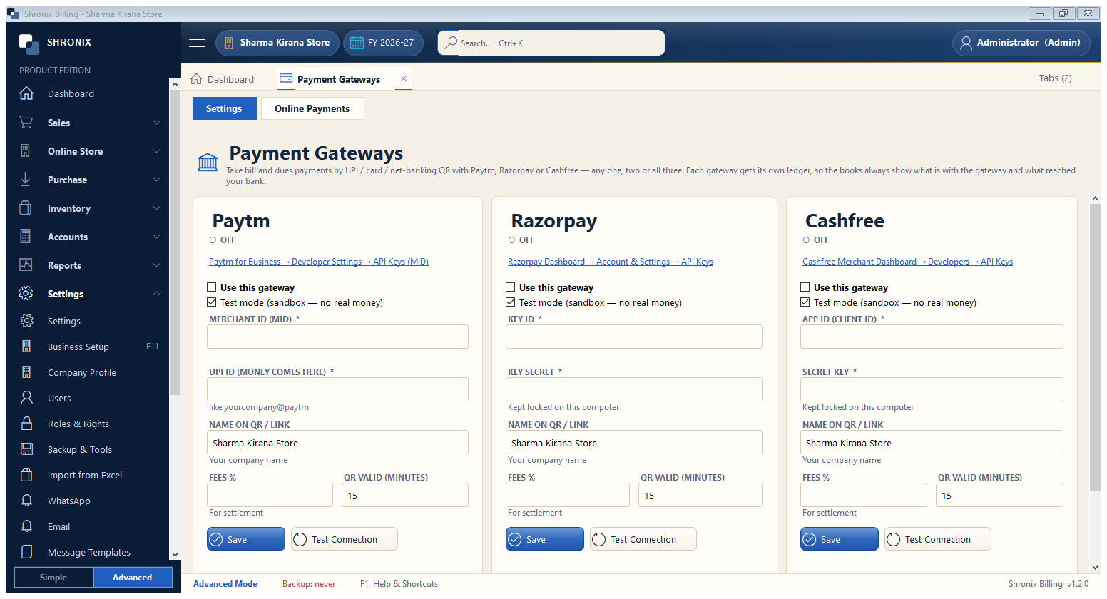Payment gateway — take UPI / card payments by QR