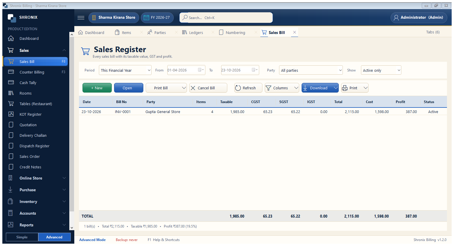 Sales register — find, print or cancel a bill