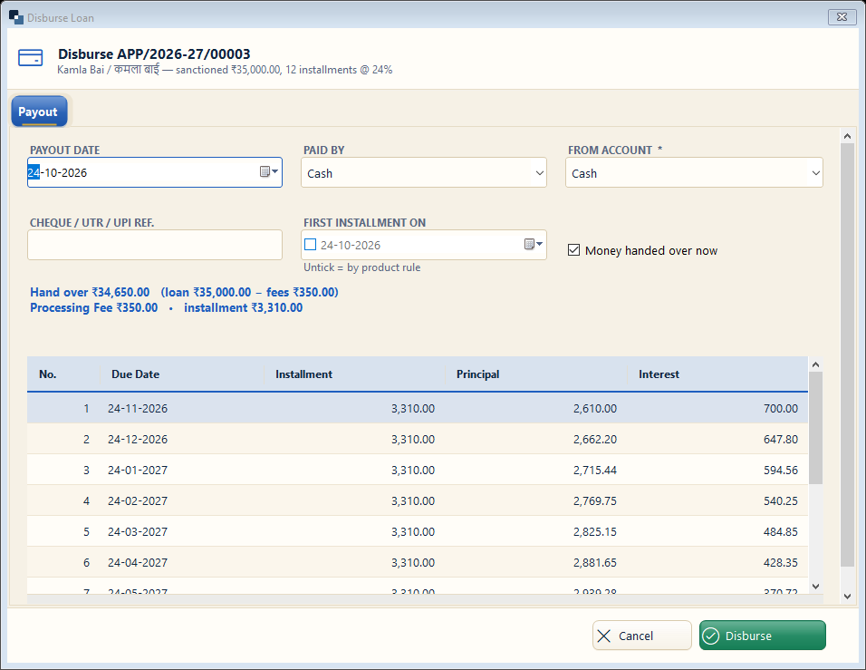Payout — date, account and first installment
