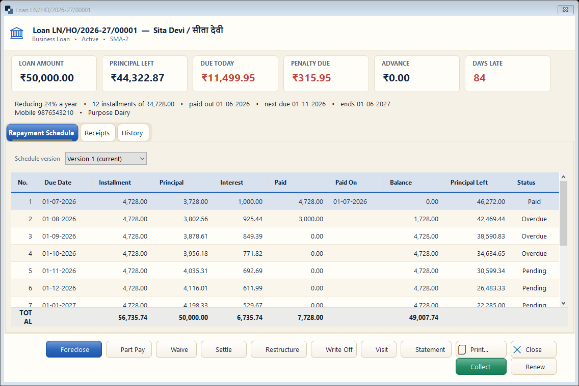 One loan — schedule and actions