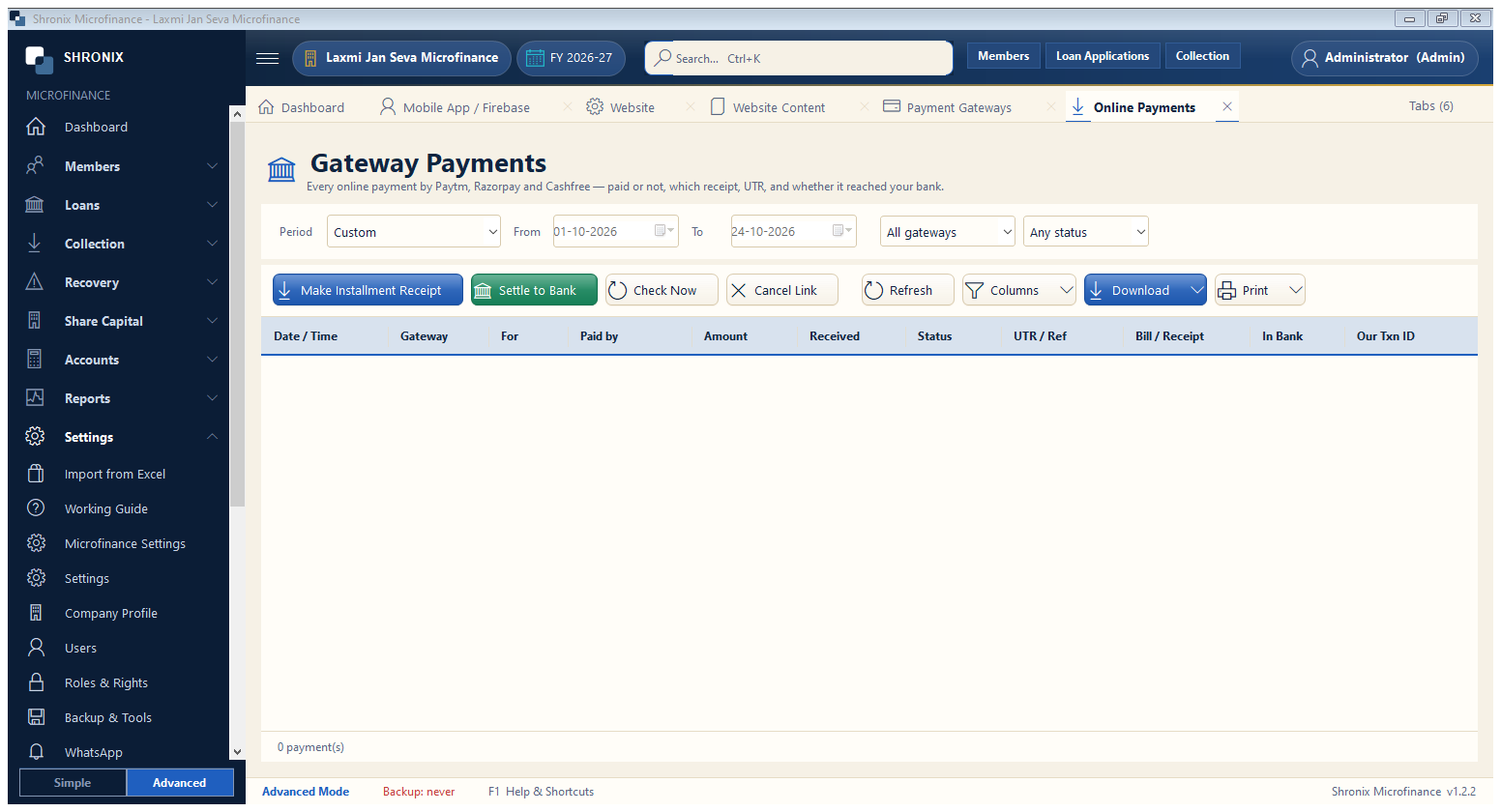 Online payments — check and settle to bank