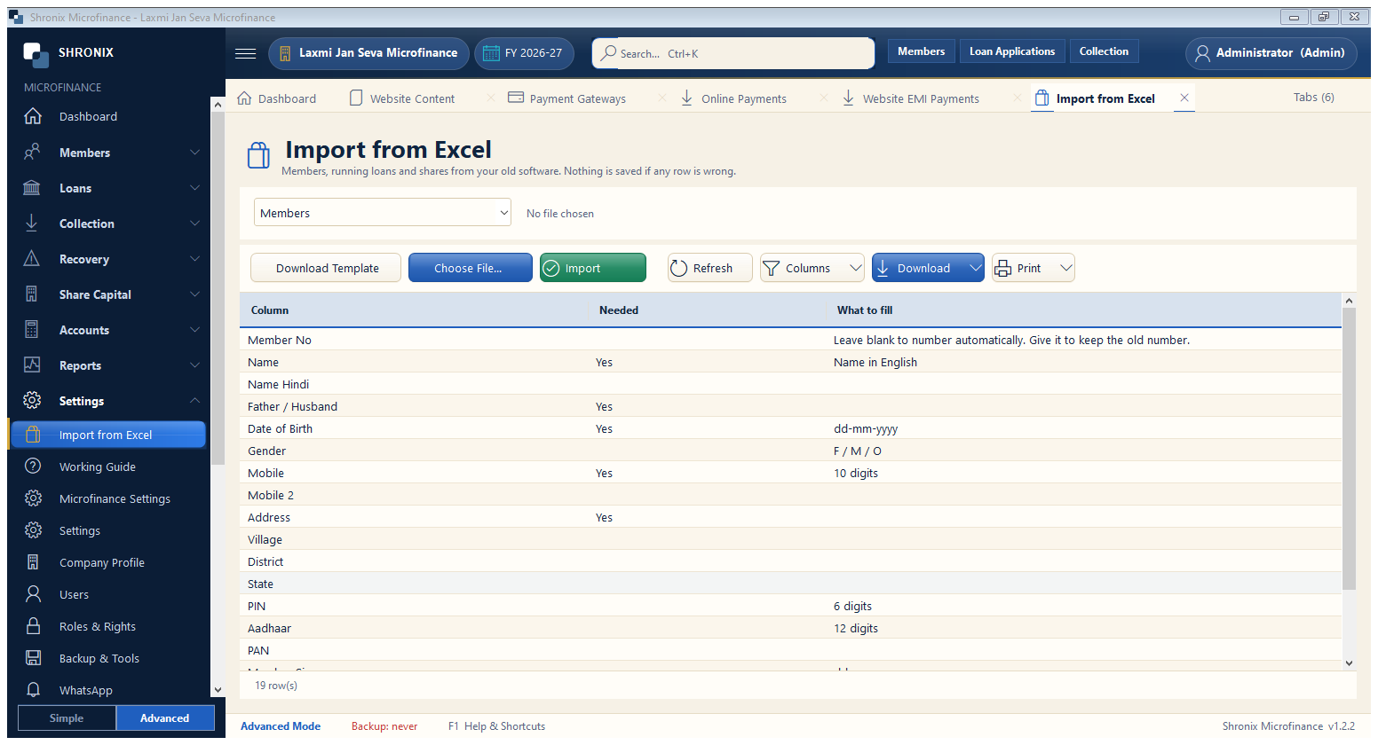 Import members and loans from Excel
