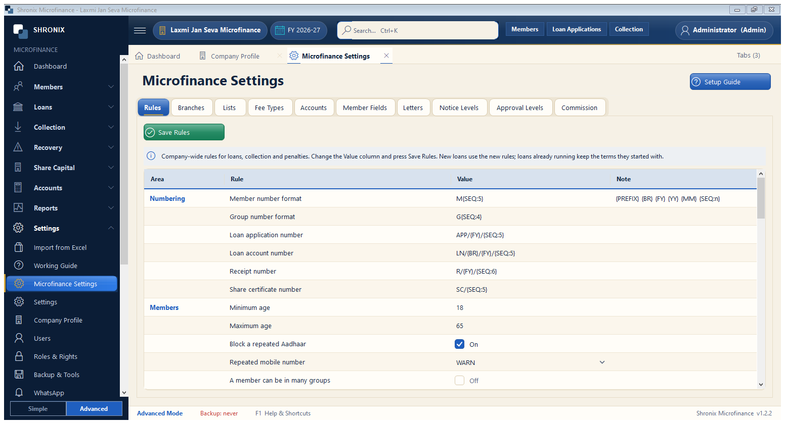 Microfinance settings — your lending rules