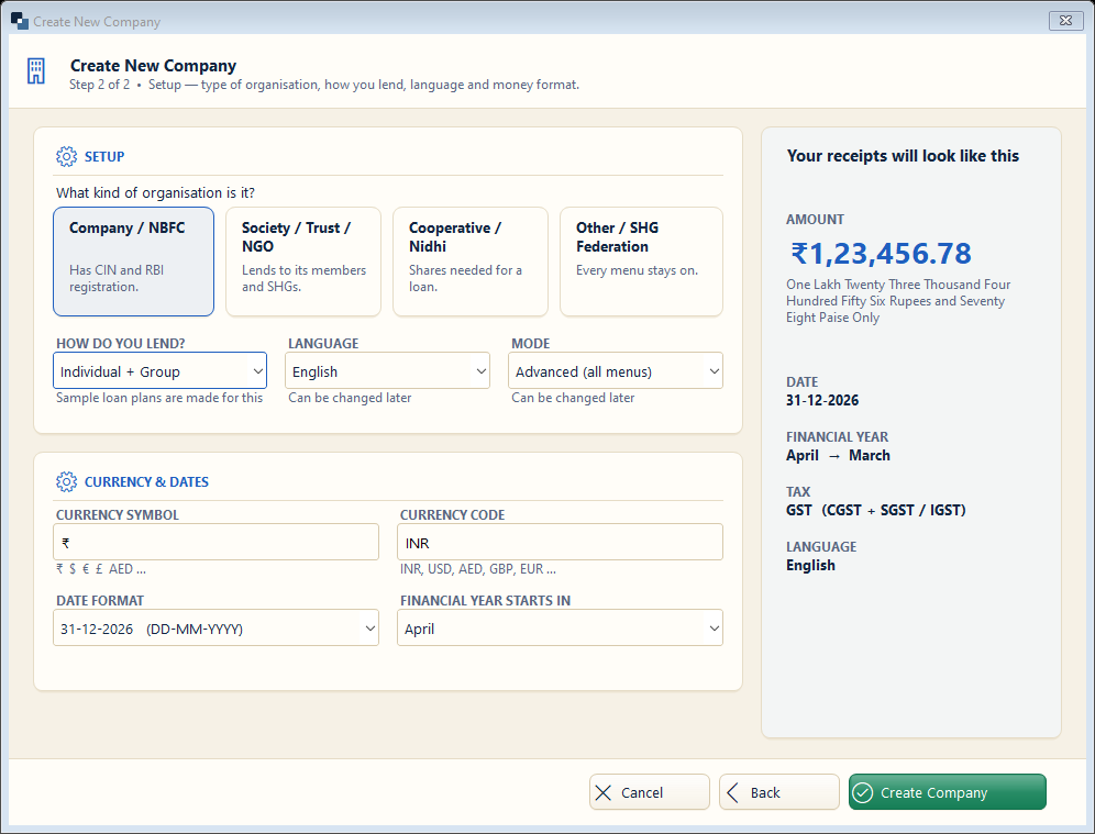 New company — step 2: type of organisation