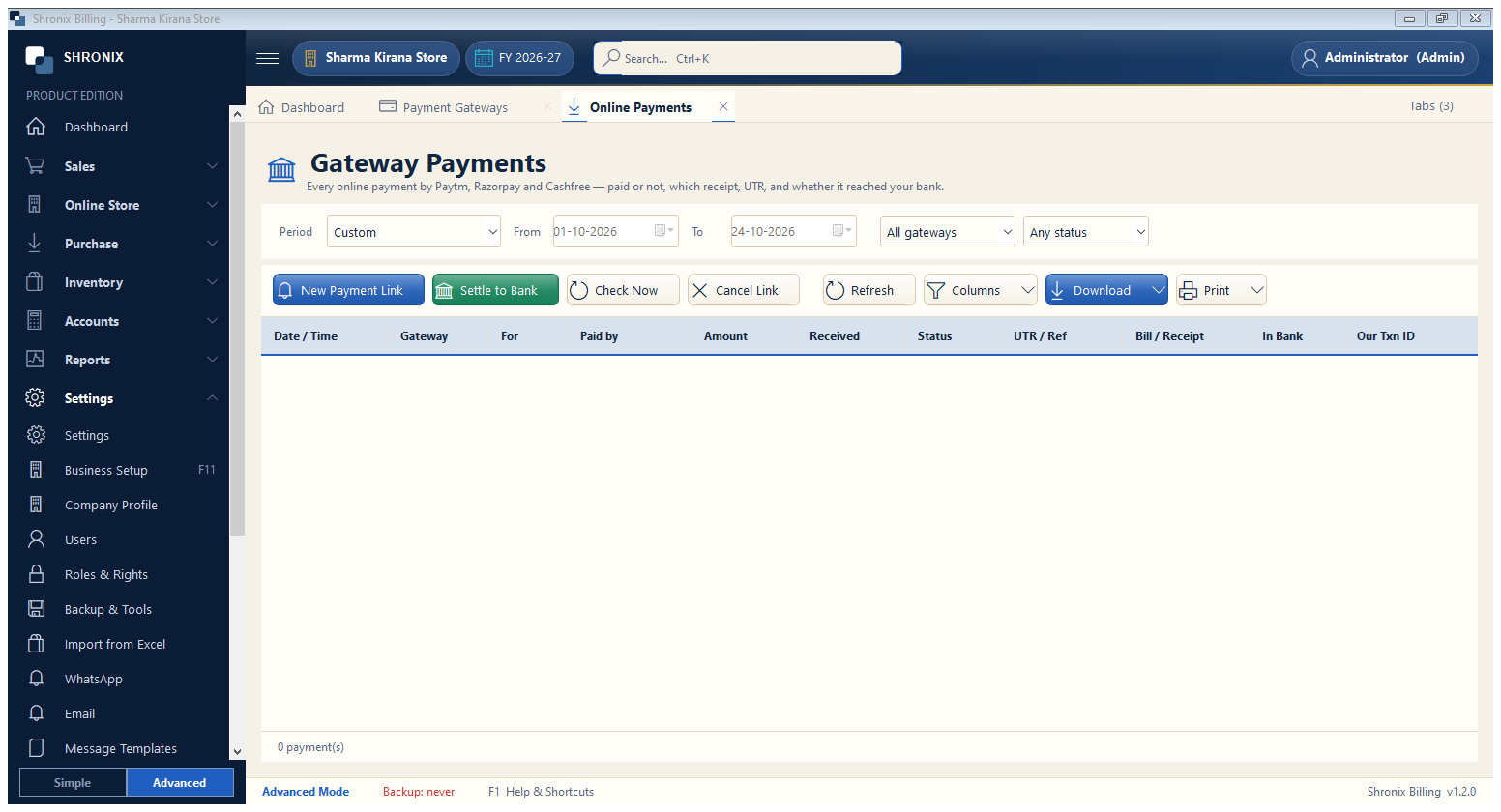 Online payments — links, check and settle to bank