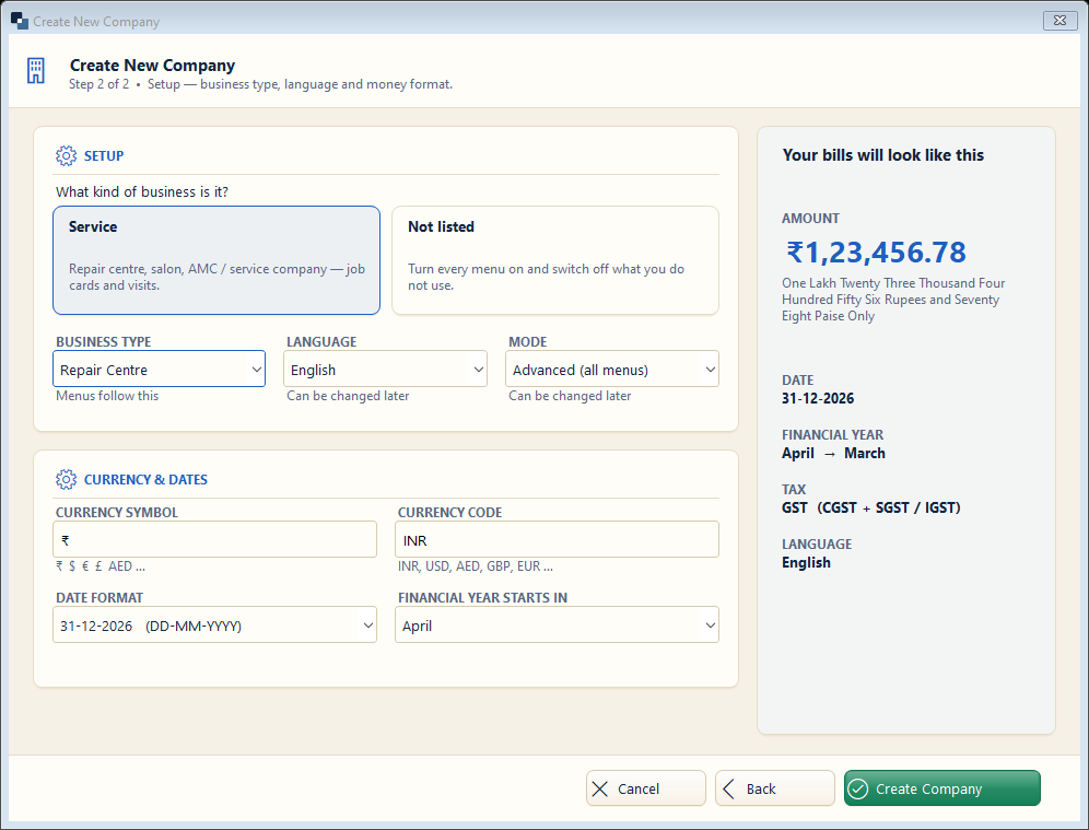 New company — step 2: choose Service